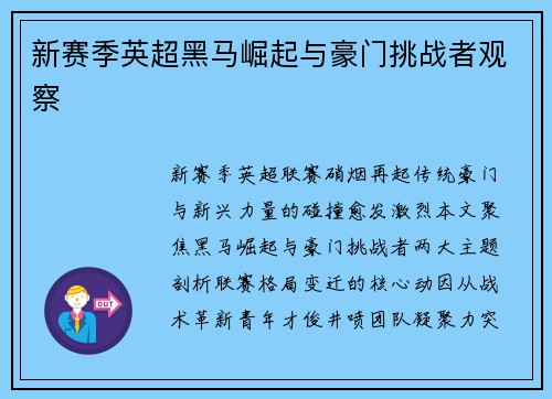新赛季英超黑马崛起与豪门挑战者观察