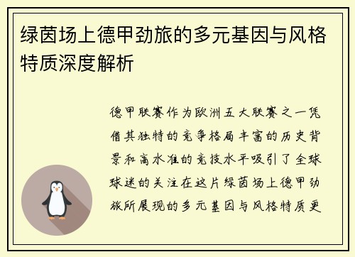 绿茵场上德甲劲旅的多元基因与风格特质深度解析