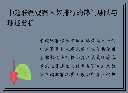 中超联赛观赛人数排行的热门球队与球迷分析