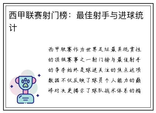 西甲联赛射门榜：最佳射手与进球统计